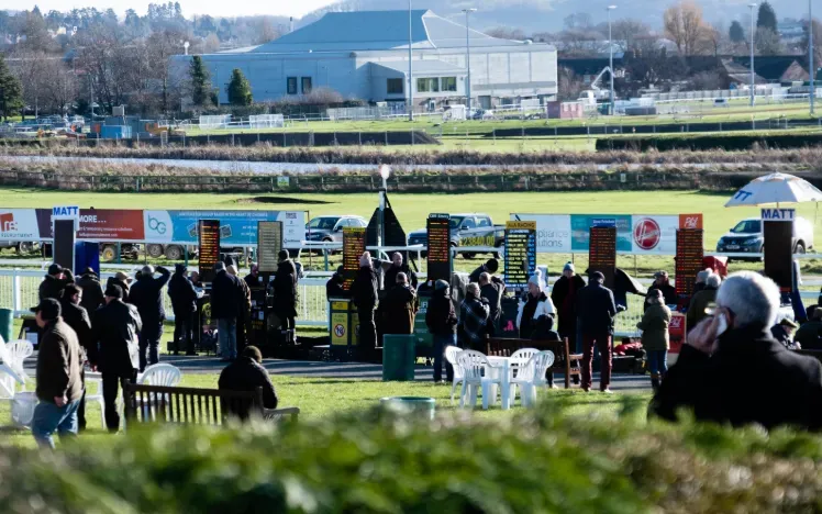 A line of bookmakers at Hereford Races